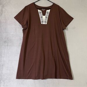 D&Co Plus Sz Embroidered Shift Dress Brown White Womens 2X Cotton Spandex
